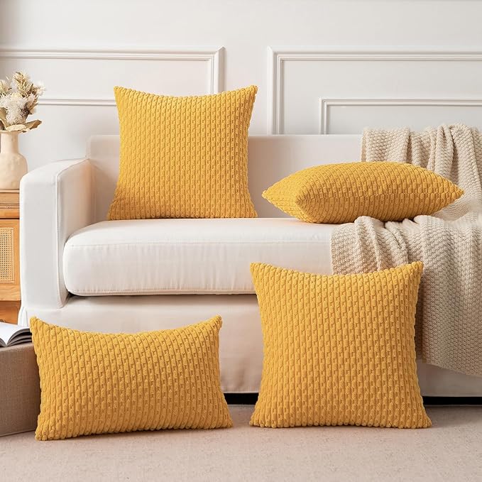 Kevin Textile 2 Packs Yellow Euro Farmhouse Decorative Throw Pillow Covers 26x26 Inch for Living Room Couch Bed Sofa Rustic Boho Home Decor Soft Striped Corduroy Square Cushion Case 66x66 cm