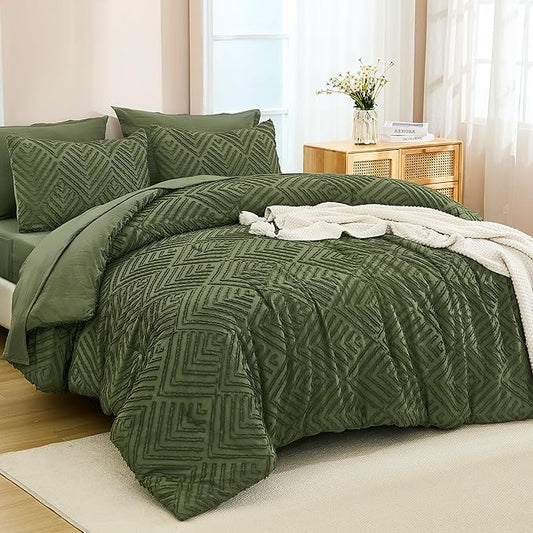 Andency Queen Comforter Set Olive Green - 7 Pieces Bed in a Bag Queen Boho Olive Green Bedding Comforter Sets, Tufted Bed Set with Comforter, Sheets, Pillowcases & Shams