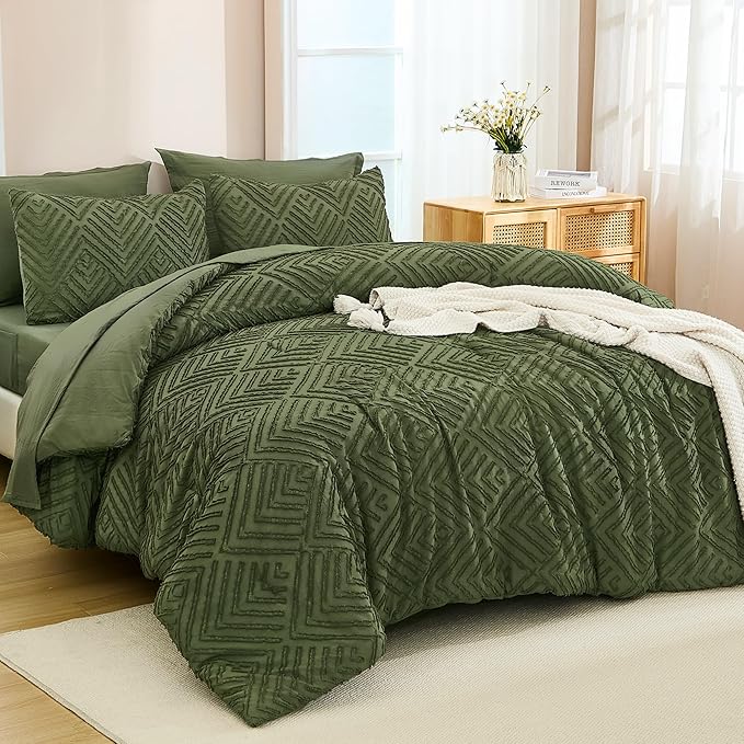 Andency Super King Comforter Set Olive Green - 7 Piece Oversized King Bed in a Bag Olive Green Bedding Sets, Boho Tufted Bed Set with Comforter, Sheets, Pillowcases & Shams