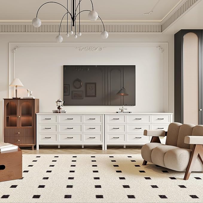 Farmhouse 9 Drawers Dresser for Bedroom, Wood Rustic Wide Dressers with Metal Handles, Wood Chest for Bedroom, Hallway, Entryway, White