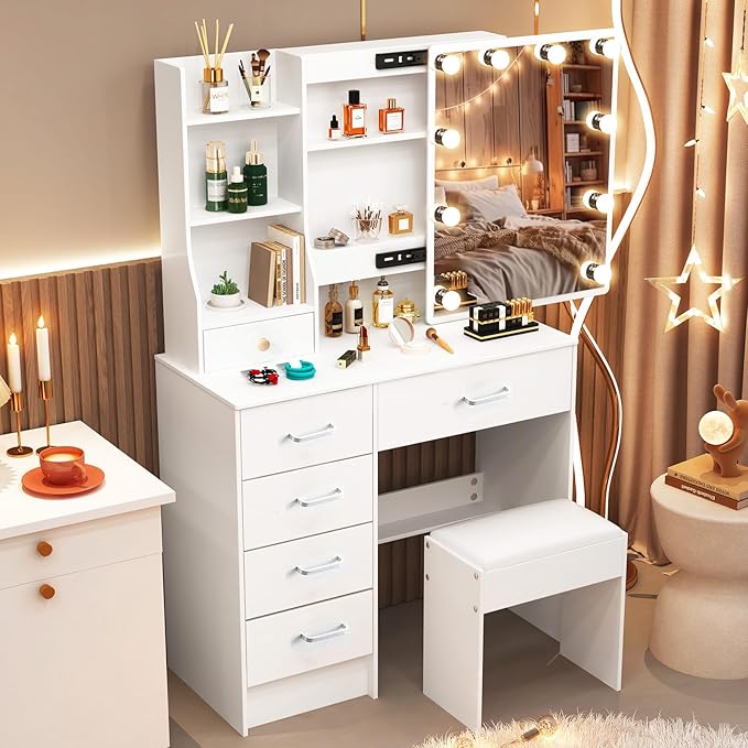 Makeup Vanity Desk with Mirror and Lights, Vanity Desk with 3 Color and Brightness Adjustable, European Style Dressing Table with 6 Drawers, Makeup Vanity with Stool for Bedroom