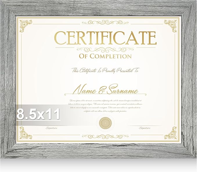 8.5 by 11 Diploma Picture Frame, Made of Real Glass and Wooden Certificate Frame, Horizontal and Vertical Display for Wall or Tabletop (Grey, 1Pack)