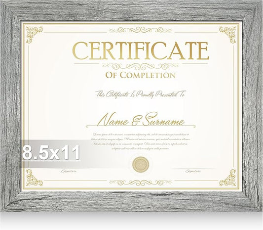 8.5 by 11 Diploma Picture Frame, Made of Real Glass and Wooden Certificate Frame, Horizontal and Vertical Display for Wall or Tabletop (Grey, 1Pack)