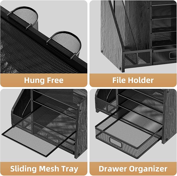 Marbrasse Desk Organizer with File Holder, 5-Tier Paper Letter Tray Organizer with Drawer and 2 Pen Holder, Mesh Desktop Organizer and Storage with Magazine Holder for Office Supplies (Wood-Black)