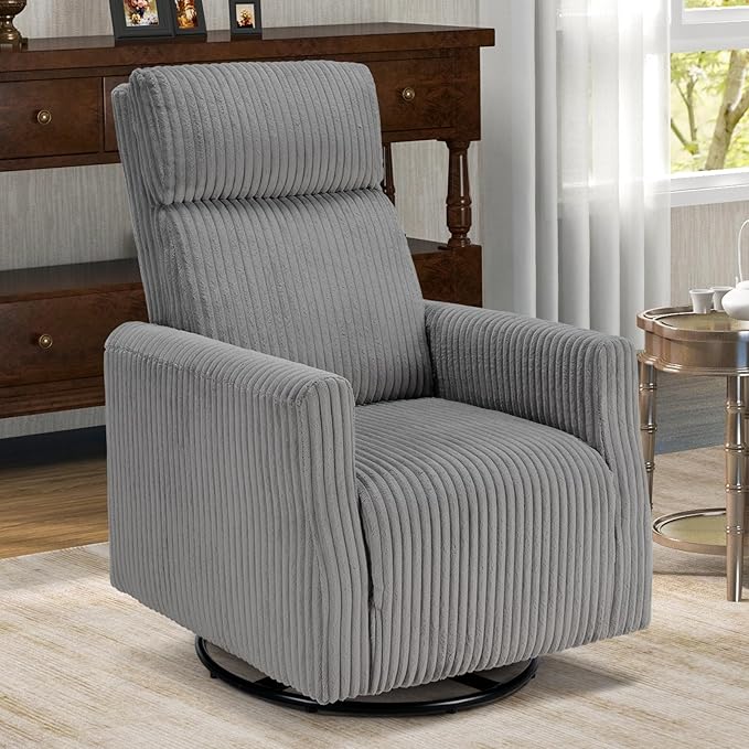 CANMOV Swivel Rocker Chair for Nursery, Swivel Accent Chair with High Back and Arms, Corduroy Glider Chair for Living Room Bedroom Nursery, Grey