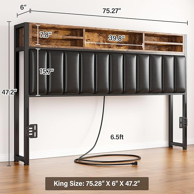 EnHomee King Headboard with Charging Port, King Headboard Only with LED Light, with Storage Shelf, King Size Headboard Only Upholstered for Bedroom