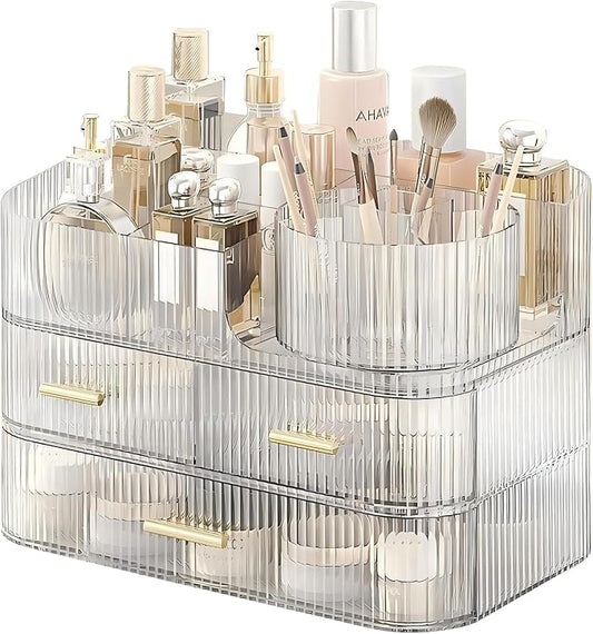DASITON Makeup Organizer with Drawers and Rotating Makeup Brush Holder,Large Capacity Stackable Cosmetic Organizer Countertop,Bathroom Organizers and Storage,Make up Organizers for Vanity (Clear 03)