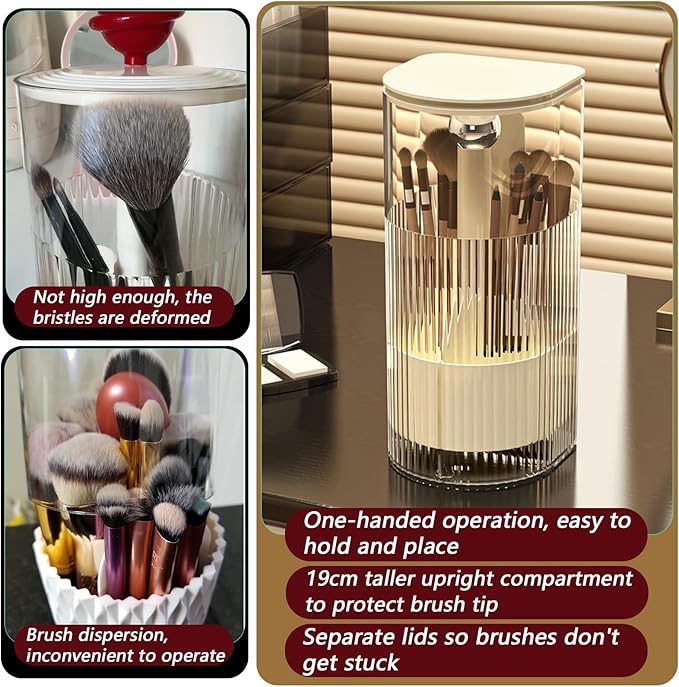 Makeup Brush Holder with Lid, One-Hand Press Open/Close Mechanism Cosmetic Tools Organizer, Clear Waterproof Dustproof Make Up Storage for Vanity, Bathroom Countertop-Cream-Silver Ball