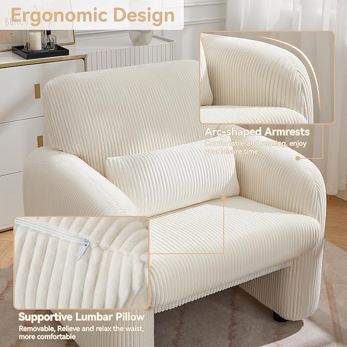 Corduroy Fabric Accent Chair, Modern Upholstered Living Room Chairs with Lumbar Pillow, Wide Comfy Leisure Armchair for Bedroom, Office, Reading, White