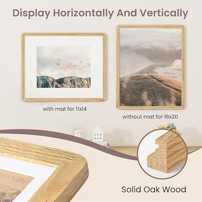 16 x 20 Picture Frame - Solid Oak Wood 16x20 Poster Frame, 16''x20'' Picture Frame With Mat For 11x14, Tempered Glass and Hanging Hardware Included, 20 x 16 Wall Art Wood, Natural Oak