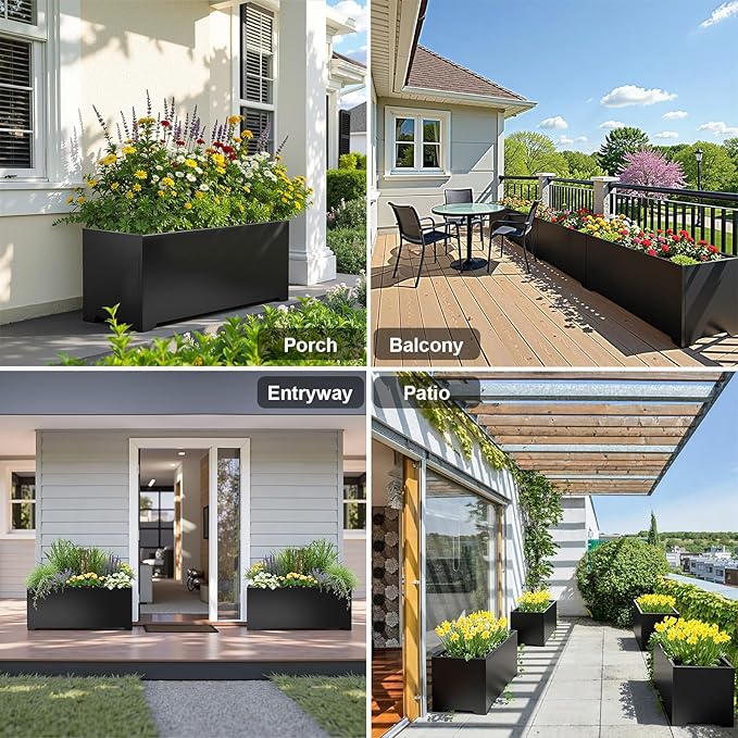 Metal Planter Box 32" L x 15" W x 15" H, Rectangular Trough Planter Box with 6 Drainage Holes & Raised Bottom, Black Large Outdoor Planters for Patio, Yard, Garden,Commercial Residential