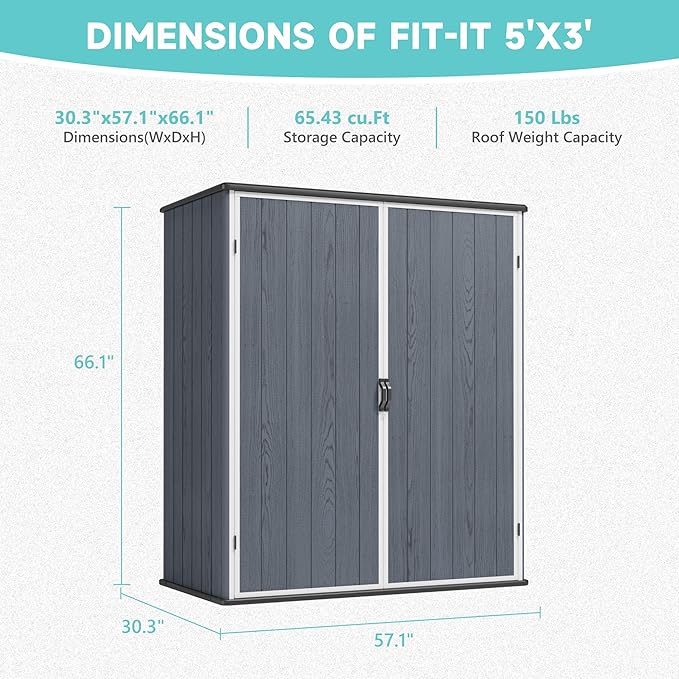 Greesum 5×3FT Plastic Outdoor Storage Shed with Floor, Resin Storaged Sheds with Lockable Door, Window & Vent, All-Weather Tool Sheds for Garden, Backyard, Patio, Dark Gray (4.7×2.5FT)