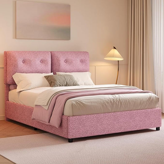 Full Bed Frames,Breathable Boucle Fabric Upholstered Bed Frame with Headboard,Removable and Washable,Wood Slat Support,No Box Spring Needed,Easy Assembly,Pink