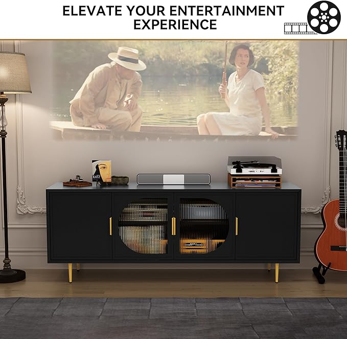 ARTPOWER Modern TV Stand for 70 inch TV, Black TV Console with 4 Glass Doors, Entertainment Center with Storage Cabinet, Wood Media Cabinet with Gold Leg, 65” TV Stands for Living Room