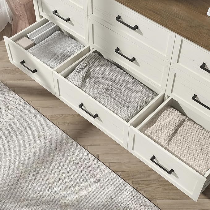 Farmhouse Dresser for Bedroom, 9 Drawers Dresser with Metal Handle, Natural Texture, Wood Rustic Chest of Drawers for Bedroom,Living Room,Hallway and Entryway, Antique White