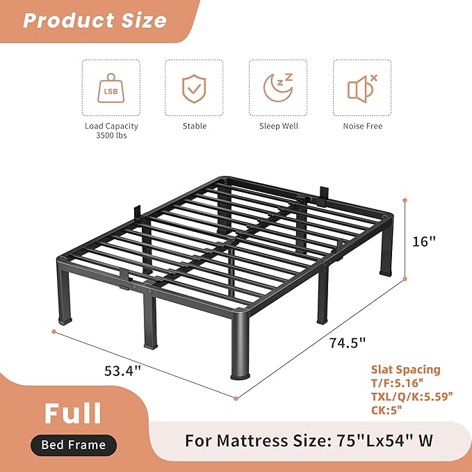16 Inch Full Heavy Duty 3500 lbs Bed Frame with Round-Corner Legs & Anti-Squeak Design – Quick Assembly Metal Platform, No Box Spring Needed