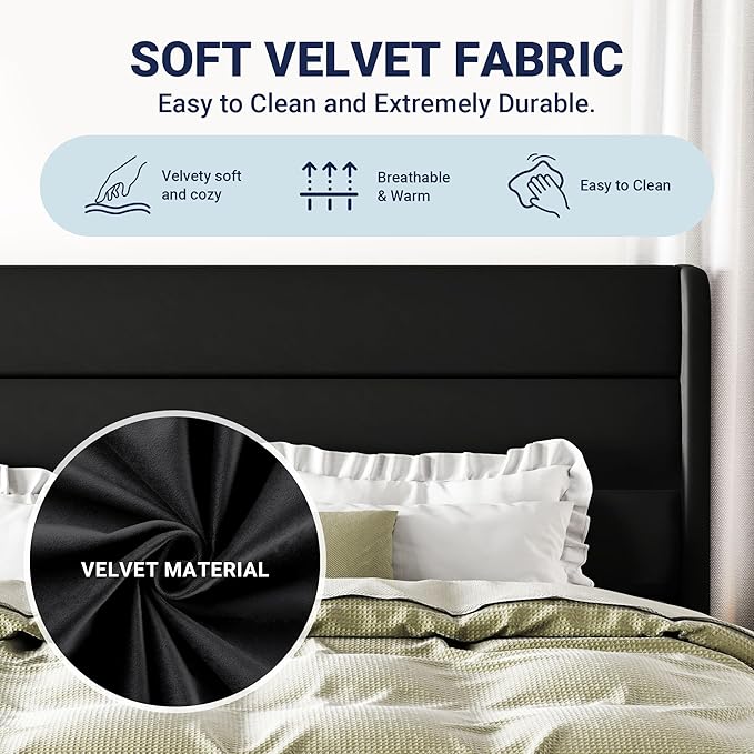 Allewie Queen Size Platform Bed Frame with Velvet Upholstered Wingback Headboard, No Box Spring Needed, Under Bed Storage Space, Strong Wooden Slats, Modern Mattress Foundation, Easy Assembly, Black