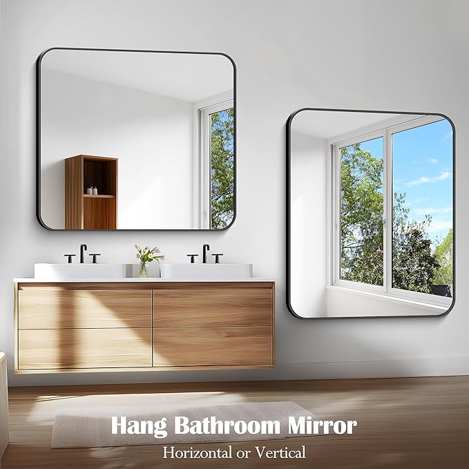 Bathroom Mirror, 48 x 40 inch Black Rectangle Wall Mirror, Metal Frame Rectangular Vanity Mirror, Rounded Corner Wall Mounted Mirror for Modern Bedroom Living Room Hangs Horizontal/Vertical