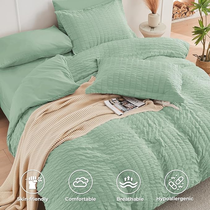 HYMOKEGE Sage Green King Size Comforter Set Seersucker 7 Pieces, All Season Luxury Bed in a Bag for Bedroom, Bedding Set with Comforters, Sheets, Pillowcases & Shams