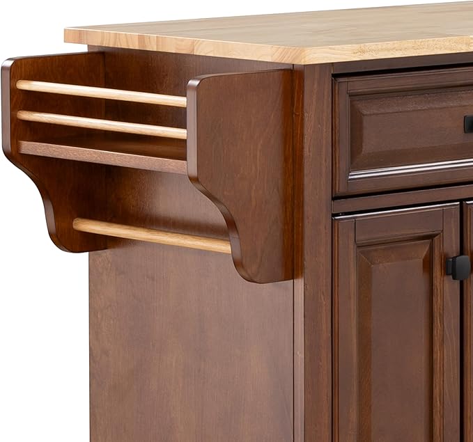 Rolling Solid Wood Kitchen Island with Rubberwood Top, 3 Drawers, 2 Cabinets, Adjustable Shelves, Spice Rack & Locking Wheels – Farmhouse Mahogany Painted Finish