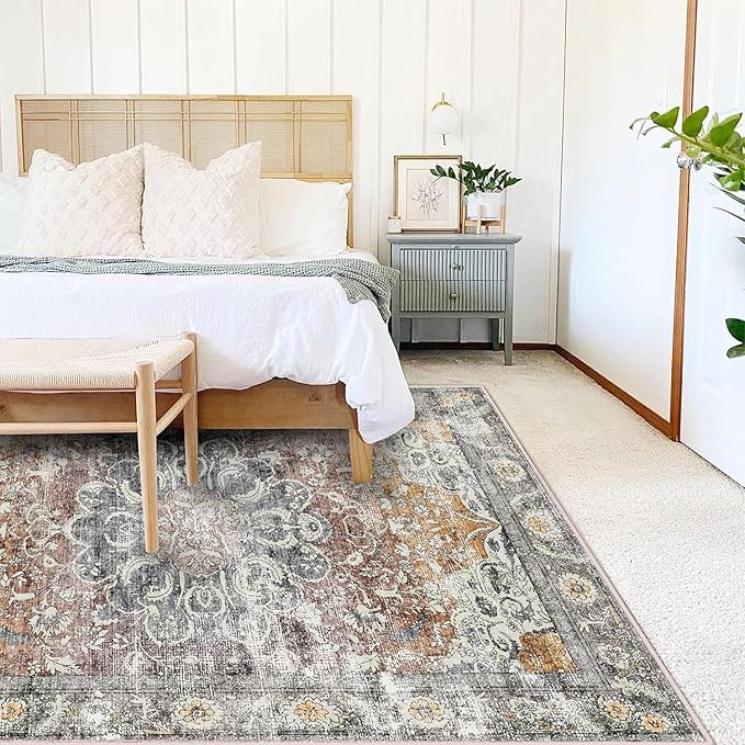 Area Rug 9x12 Washable Taupe Vintage Traditional Mat Distressed Indoor Foldable Thin Retro Accent Floral Non Slip Carpet for Living Room Dining Room Office