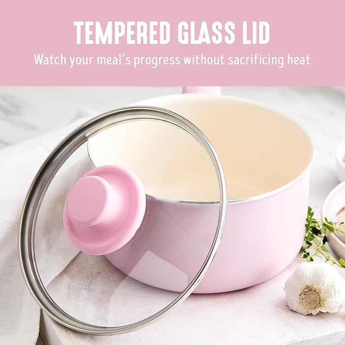 GreenLife 2 Quart Ceramic Nonstick Saucepan with Lid, PFAS-Free, Stay-Cool Handle, Multipurpose Kitchen Cooking Pot, Dishwasher & Oven Safe, Pink