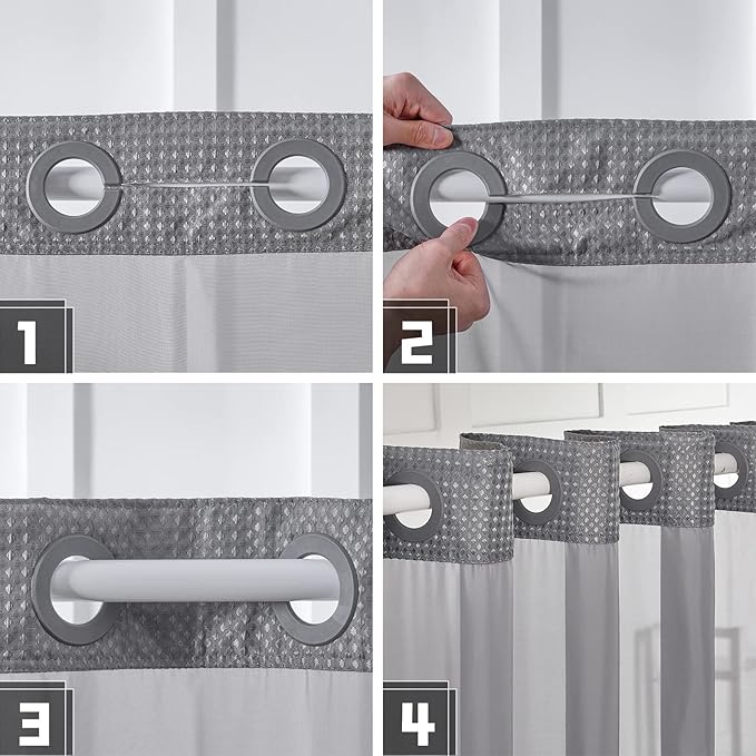 Furlinic Stall Size No Hook Shower Curtain with Snap in Liner,Waffle Weave Heavy Duty Fabric Bathroom Curtains with See Through Top Window,Waterproof & Machine Washable,Grey,54x80 Inch