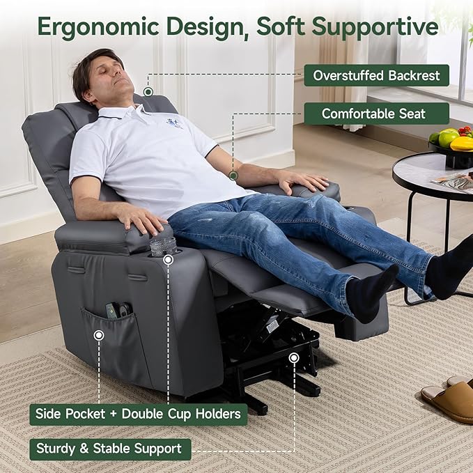 Power Lift Recliner Chair for Elderly with Heat & Massage, 160° Electric Adjustable PU Leather Recliner with Remote Control, Stand Assist, Cup Holders & Side Pockets for Living Room (Gray)