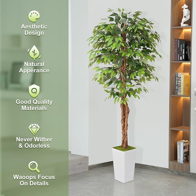 Artificial 7Ft Ficus Silk Tree with Tall Planter - Faux Plants Indoor with Natural Wood Trunk - Large Tall Fake Plants for Home Office Living Room Patio Decor