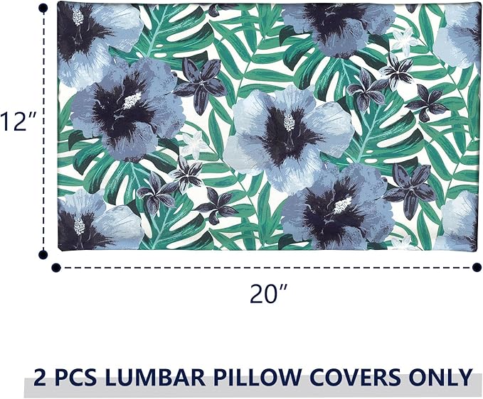 Outdoor Lumbar Pillow Covers 12”x20”, Rectangle Throw Pillow Covers for Patio Furniture, Decorative Lumbar Cushion Case for Garden Balcony Couch Office Chair, Pack of 2,Blue Salmone Tropical