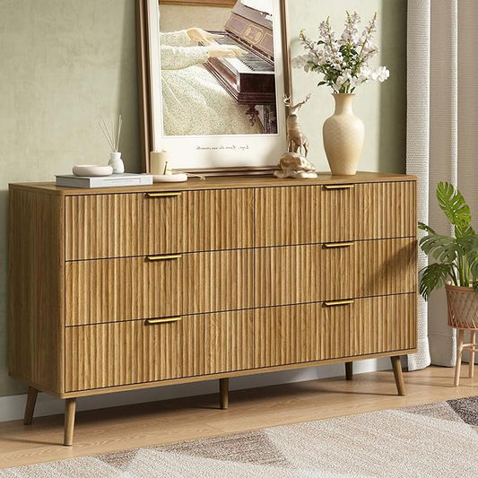 CARPETNAL Fluted 6 Double Drawers Dresser for Bedroom, 55”Wide Modern Chest of Drawers with Deep Drawers,Curved Profile Design, Wood Drawer Organizer for Bedroom Living Room, Hallway, Natural Oak