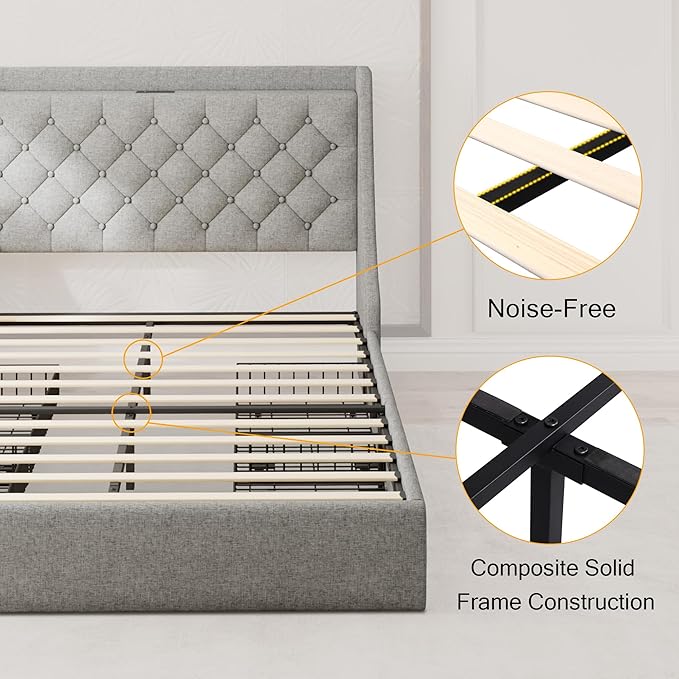 Upholstered King Size Bed Frame with 4 Storage Drawers, Modern Platform Bed with Wingback Headboard, Charging Station, No Box Spring Needed, Light Grey