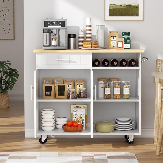 JY QAQA 42" Kitchen Island on Wheels with Storage Cabinet Kitchen Cart Cabinet with Shelves, Cart Handle for Towel Rack or Free Mobility, Portable Islands for Kitchen