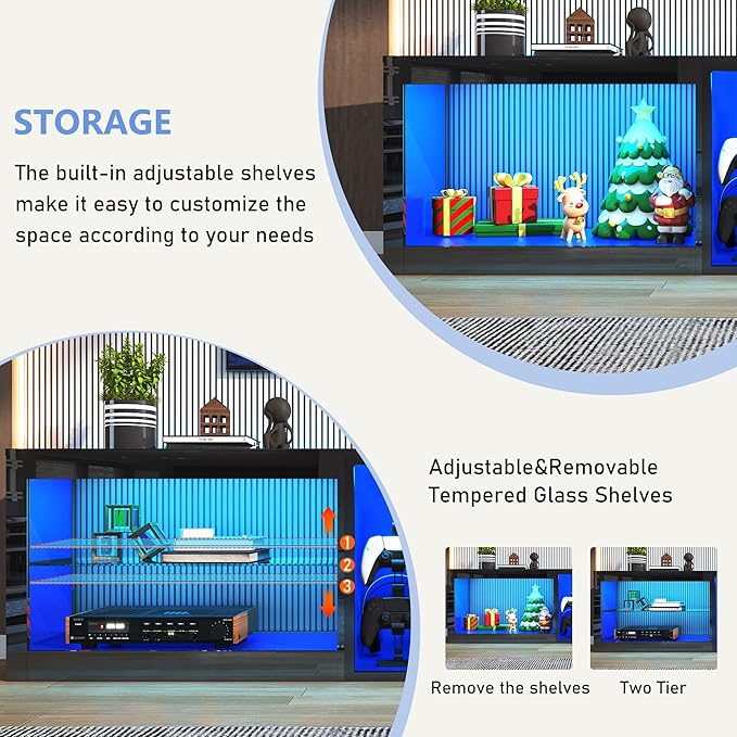 Vinctik 6&Fox 71inch Large High Gloss LED TV Stands w/Power Outlet,60,000-Colors Lighting for 70 75 80inch TV,Modern Black LED Entertainment Center w/Adjustable Glass Shelves for Living Room Gameroom