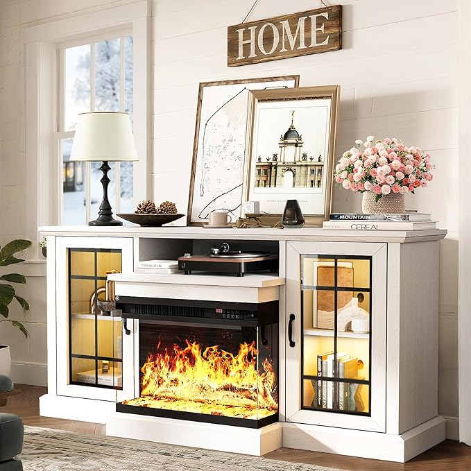 MXV 59'' Fireplace TV Stand, Farmhouse Entertainment Center with 3 Sided Glass TV Stand, Modern Media Console Table with Storage Drawers & Cabinets with LED Flame and Lights for Living Room, White