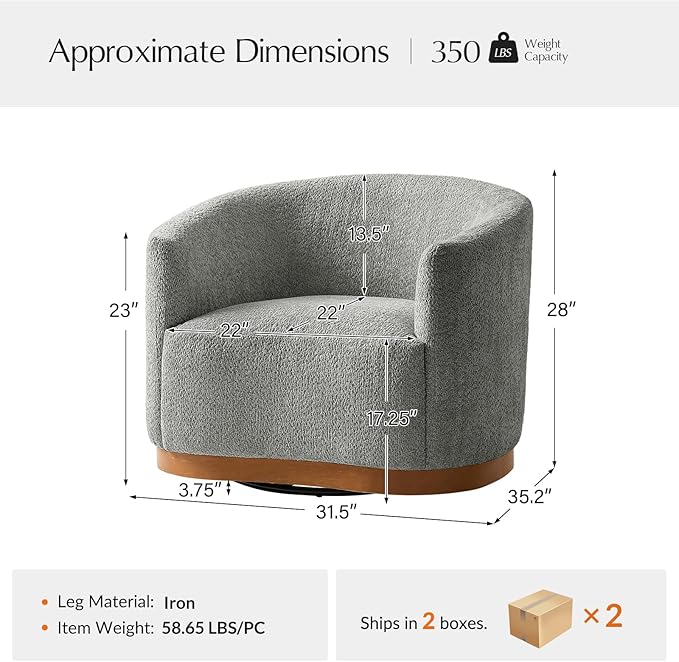 HULALA HOME Chenille Swivel Accent Chairs Set of 2, Fully Assembled, Comfy Upholstery Barrel Armchair with Sturdy Solid Wood Base, Grey