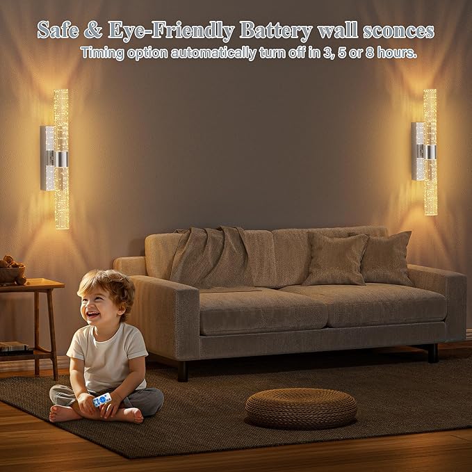 Battery Operated Sliver Wall Sconces Set of 2 Rechargeable Battery Powered Wall Light with 12000mAh Not Hardwired Dimmable Wall Lamp Fixtures for Bedroom Living Room 20.9 Inches
