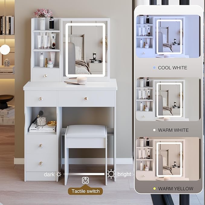 29.2" Small Vanity Desk with Mirror and Lights, Makeup Table with Led Lights and Sliding Mirror, 3 Lighting Colors, Vanity Set with 5 Drawers and Stool for Small Space Bedroom, White