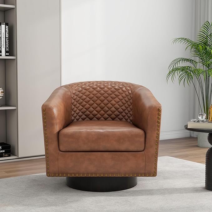 Swivel Barrel Accent Chair, Comfy Modern Upholstered Round Faux Leather Arm Chair for Living Room, Bedroom（Brown, Set of 1
