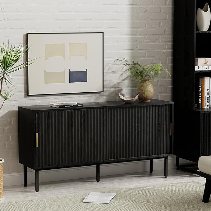 Fluted Tv Stand Set of 2, 47" Mid Century Entertainment Center with Adjustable Shelf, Wooden Media TV Console with Storage Cabinet for Living Room, Black