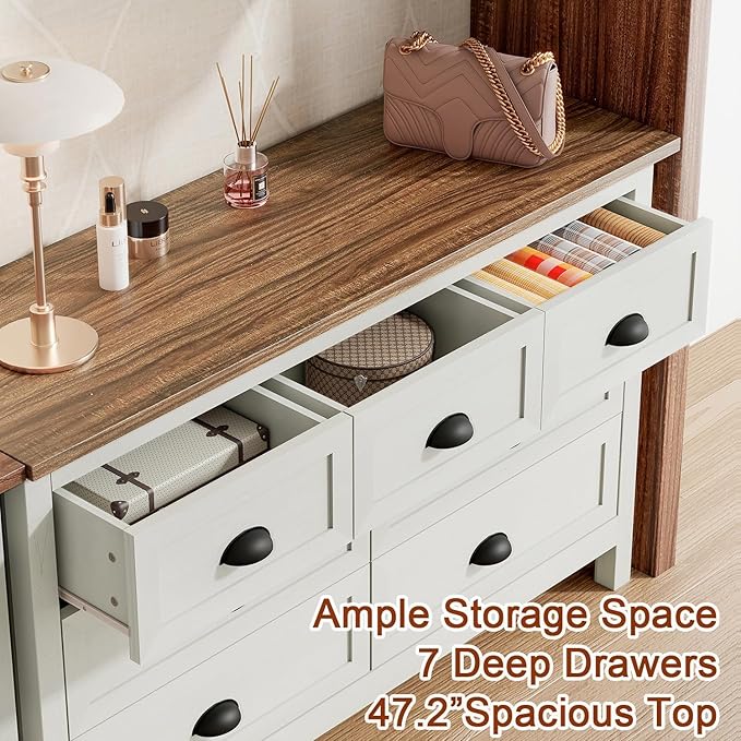 Wananlanen® Farmhouse Dresser for Bedroom, Antique Double Dresser & Chest of Drawer with Vintage Handle and Storage, Wooden Tall Rustic Organizer for Bedroom (Antique White, 7 Drawer)