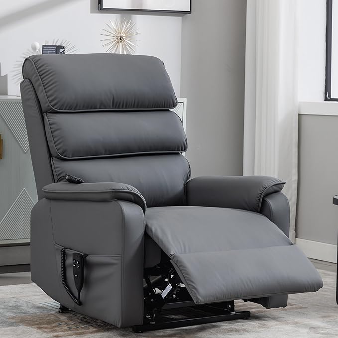 Lay Flat Lift Chair with Heat and Massage, Dual Motor Recliner Chair, Infinite Position, Up to 350 LBS, Grey, Cat Scratch-Resistant Leather
