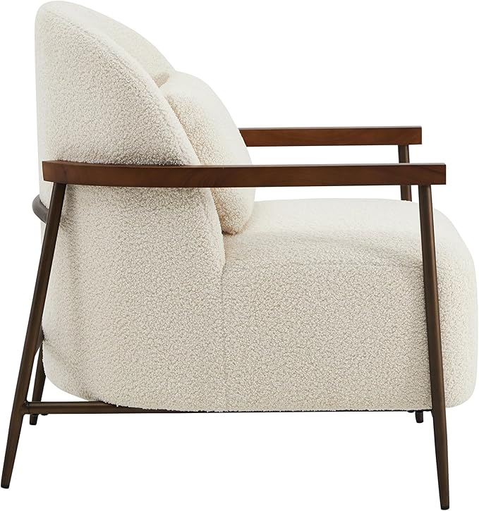 CHITA Accent Chair for Living Room, FSC Certified Modern Upholstered Faux Sherpa Fabric Armchair with Metal Frame and Wooden Armrests, Ivory