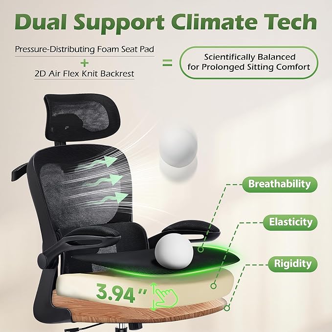 Office Chair Ergonomic Desk Chairs with Adjustable Lumbar Support& Headrest Hanger, High Back Breathable Mesh Chair with Wheels, Rolling Swivel Comfy Task Computer Chair for Home Work Gaming