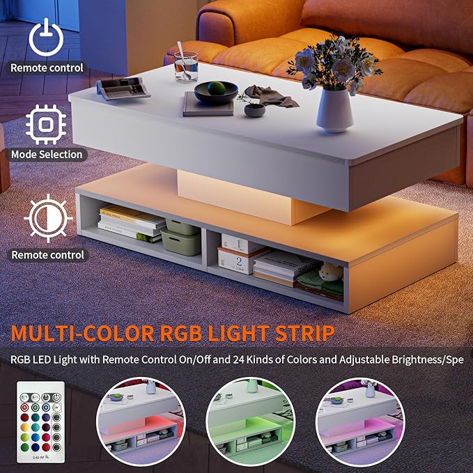 LED Coffee Table for Living Room,47.2" Large Living Room Table 2-Tier High Glossy Coffee Table with Storage,Rectangular Wooden Tea Tables for Home Office,White