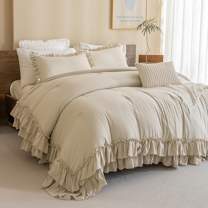 QSH Wheat Comforter King Size for Bed, Shabby Ruffle Chic Bedding Comforter Set, 3 Pices Farmhouse Vintage Bedding Sets, All Season Ultra Soft Lightweight Microfiber Fluffy Comforter