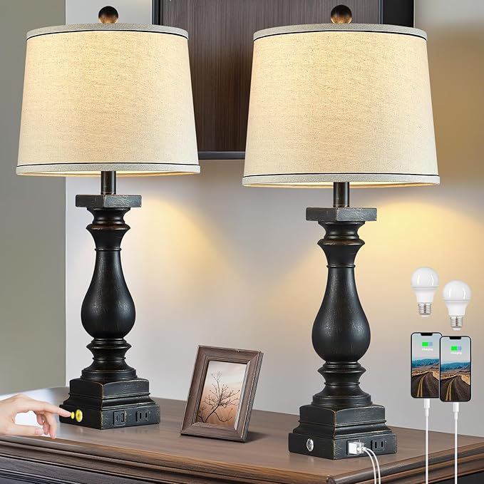 28" Tall Farmhouse Table Lamps with USB C+A Ports and AC Outlet, 3 Way Touch Control Rustic Bedside Lamps for Bedroom, Black Vintage Nightstand Lamps for Living Room Office
