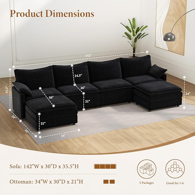 Vesgantti 142" U Shaped Sectional Couch, Comfy Cloud Modular Sectional Sofa with 2 Ottoman Deep Seat Corduroy Modern Cloud Sofa, Modular Sofas for Living Room, Bedroom and Apartment, Black