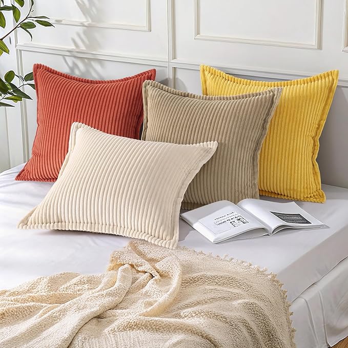 Mecatny Corduroy Throw Pillow Covers 24x24 Set of 2, Neutral Decorative Soft Boho Couch Pillow Covers with Broadside for Sofa Living Room, Beige