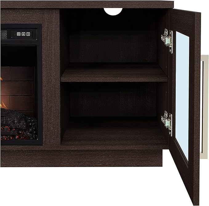 Cheerway 3D Fireplace TV Stand for TVs up to 65’’, Wooden Media Entertainment Center Table & TV Cabinets w/ 6 Storage Shelves & Barn Door, Electric Fireplace w/Remote Control & Adjustable Flame